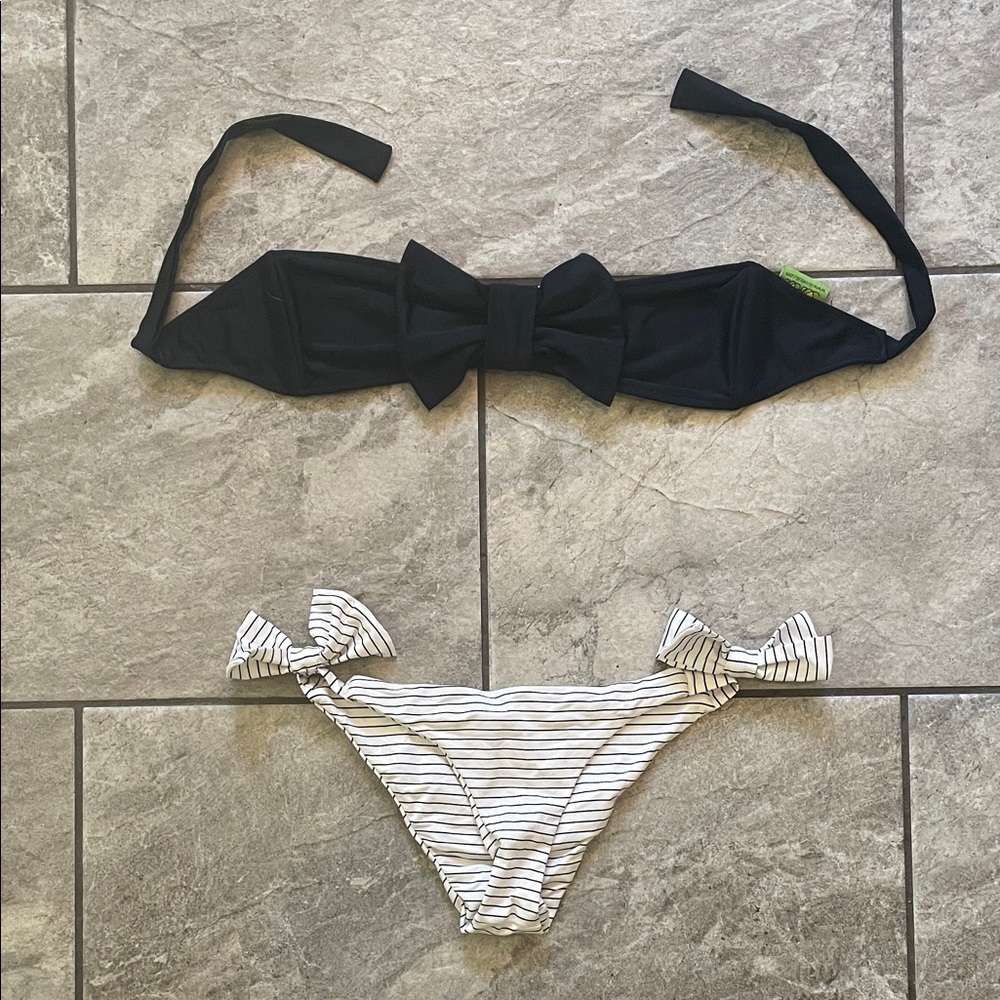 Lolli Black Bandeau Bow Bikini Top with White Striped Tie-Side Bottoms